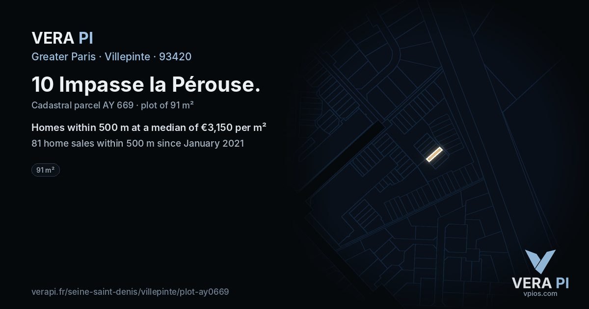 10 Impasse la Pérouse, Villepinte at night – the plot lit, the parcels around coloured by the prices near them