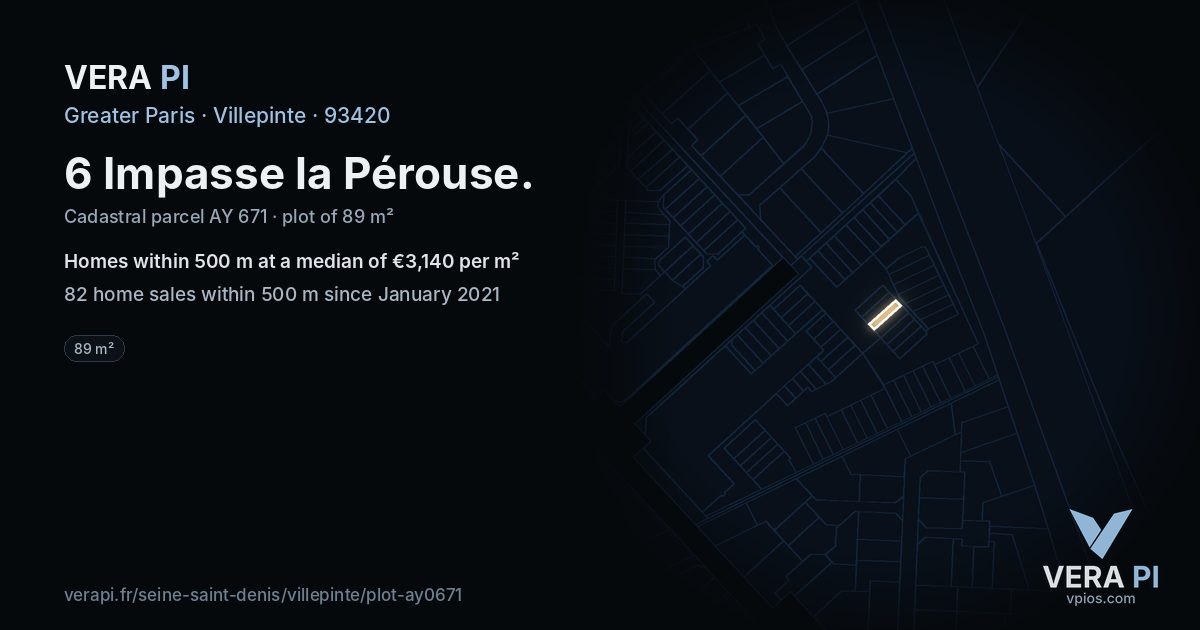 6 Impasse la Pérouse, Villepinte at night – the plot lit, the parcels around coloured by the prices near them