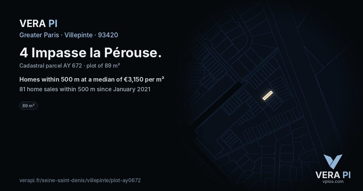 4 Impasse la Pérouse, Villepinte at night – the plot lit, the parcels around coloured by the prices near them
