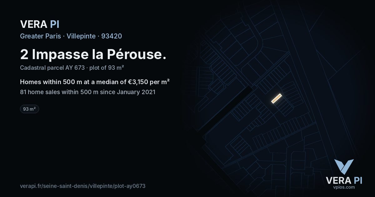 2 Impasse la Pérouse, Villepinte at night – the plot lit, the parcels around coloured by the prices near them