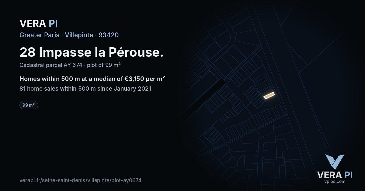 28 Impasse la Pérouse, Villepinte at night – the plot lit, the parcels around coloured by the prices near them
