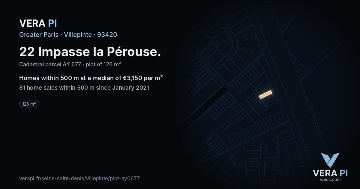 22 Impasse la Pérouse, Villepinte at night – the plot lit, the parcels around coloured by the prices near them