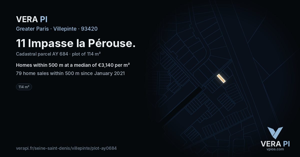 11 Impasse la Pérouse, Villepinte at night – the plot lit, the parcels around coloured by the prices near them