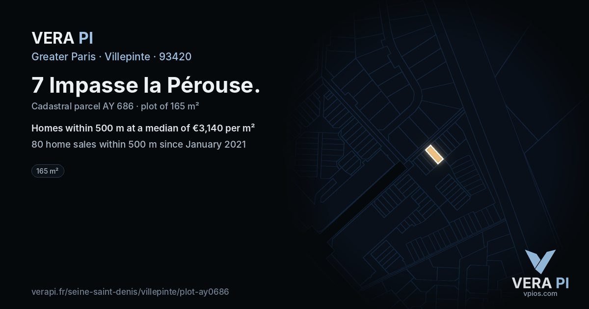 7 Impasse la Pérouse, Villepinte at night – the plot lit, the parcels around coloured by the prices near them