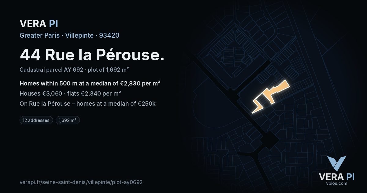44 Rue la Pérouse, Villepinte at night – the plot lit, the parcels around coloured by the prices near them