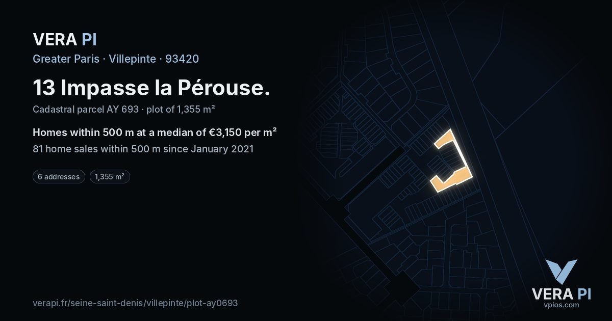 13 Impasse la Pérouse, Villepinte at night – the plot lit, the parcels around coloured by the prices near them