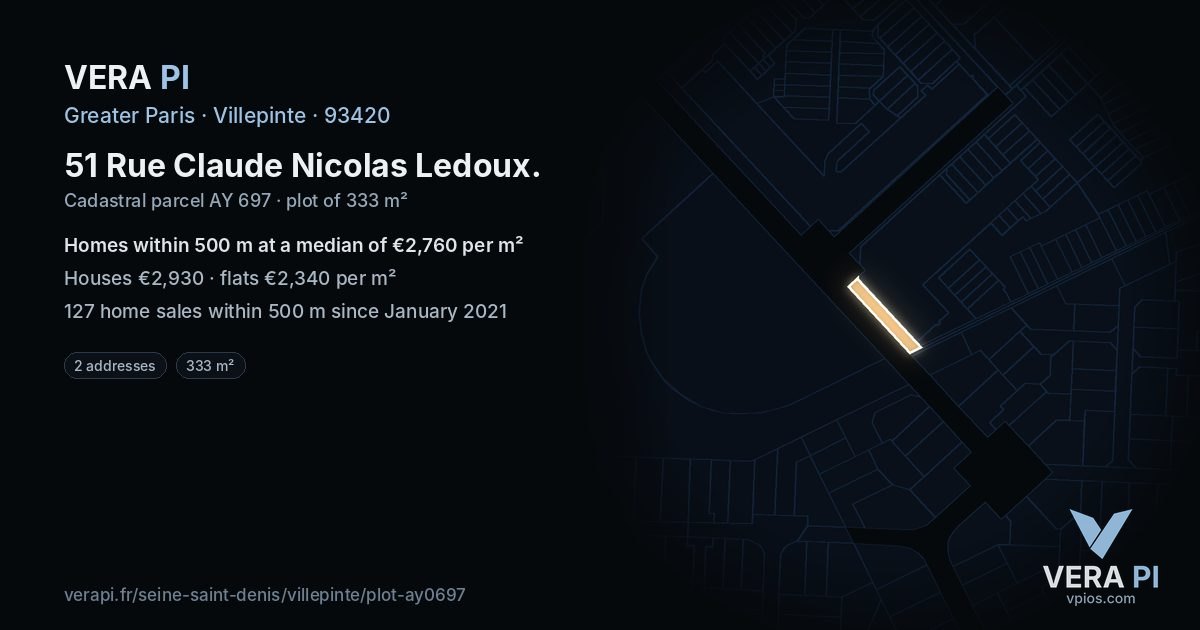 51 Rue Claude Nicolas Ledoux, Villepinte at night – the plot lit, the parcels around coloured by the prices near them