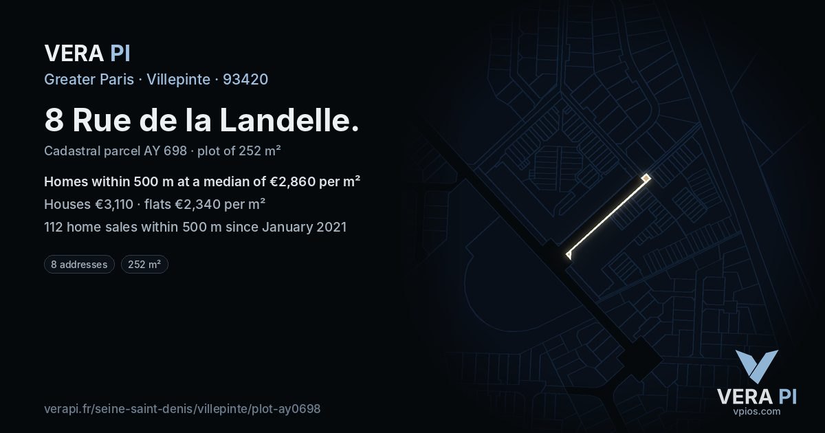 8 Rue de la Landelle, Villepinte at night – the plot lit, the parcels around coloured by the prices near them