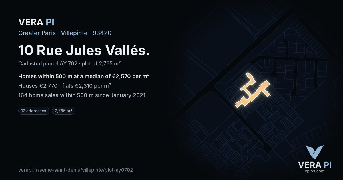 10 Rue Jules Vallés, Villepinte at night – the plot lit, the parcels around coloured by the prices near them