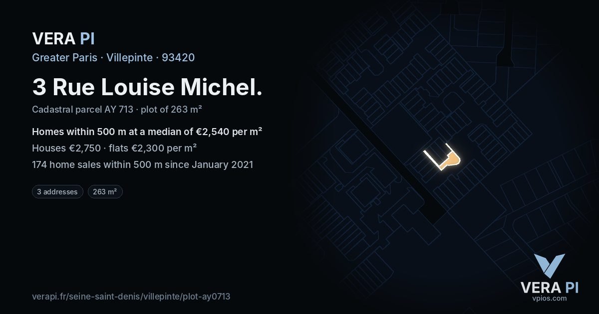 3 Rue Louise Michel, Villepinte at night – the plot lit, the parcels around coloured by the prices near them