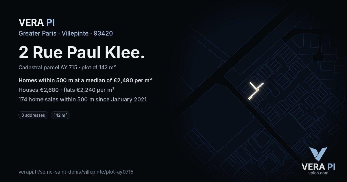 2 Rue Paul Klee, Villepinte at night – the plot lit, the parcels around coloured by the prices near them