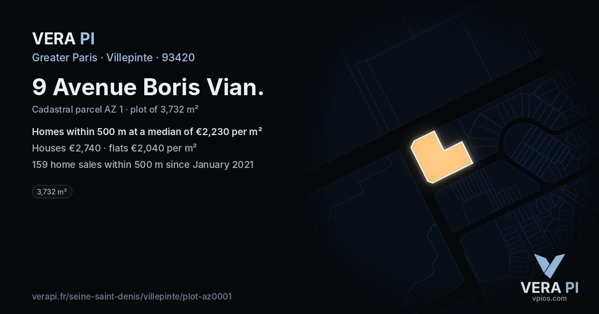 9 Avenue Boris Vian, Villepinte at night – the plot lit, the parcels around coloured by the prices near them