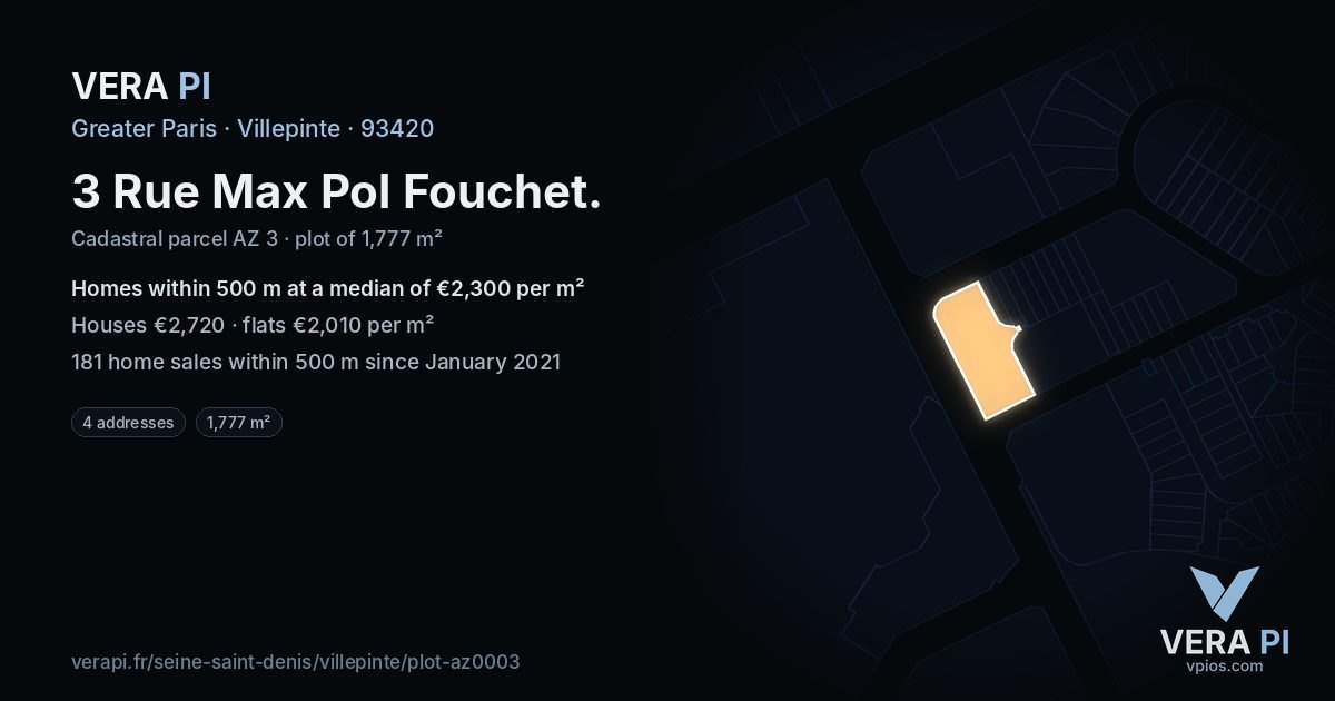 3 Rue Max Pol Fouchet, Villepinte at night – the plot lit, the parcels around coloured by the prices near them