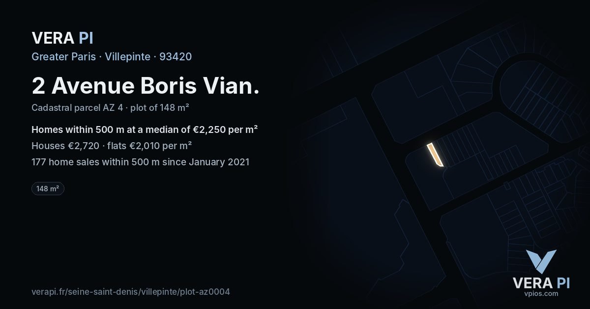 2 Avenue Boris Vian, Villepinte at night – the plot lit, the parcels around coloured by the prices near them