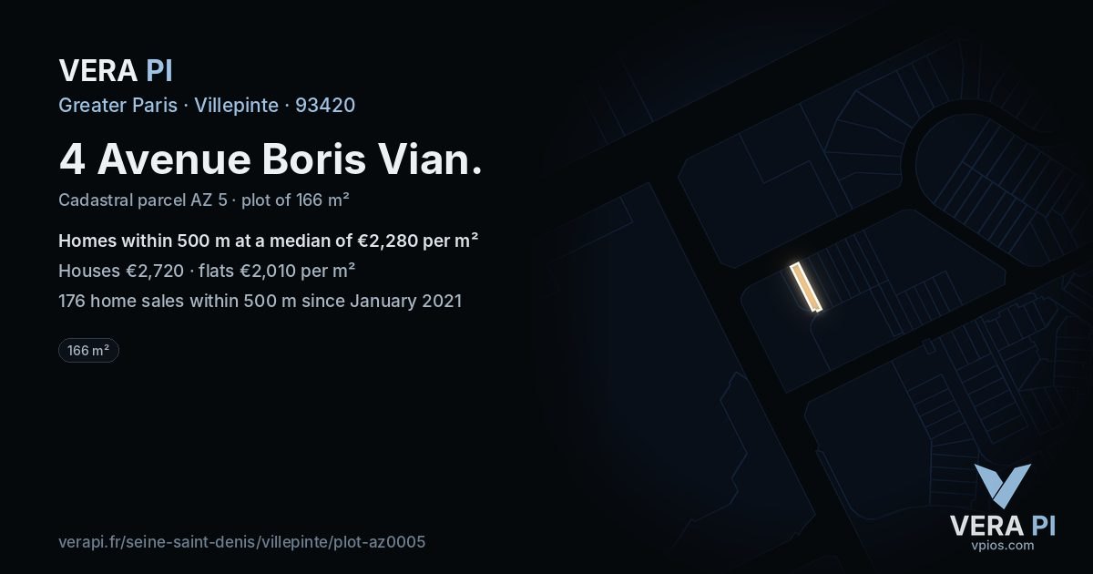 4 Avenue Boris Vian, Villepinte at night – the plot lit, the parcels around coloured by the prices near them
