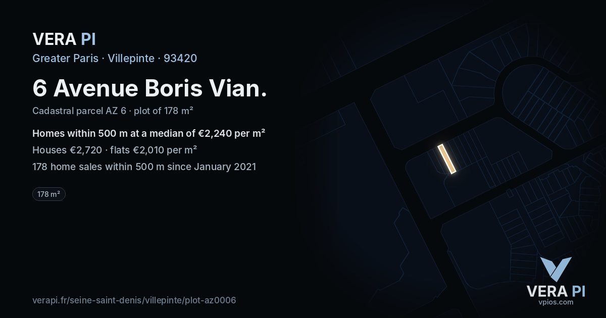 6 Avenue Boris Vian, Villepinte at night – the plot lit, the parcels around coloured by the prices near them