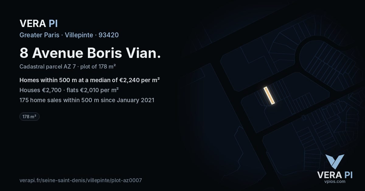 8 Avenue Boris Vian, Villepinte at night – the plot lit, the parcels around coloured by the prices near them