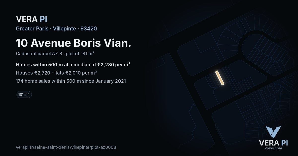 10 Avenue Boris Vian, Villepinte at night – the plot lit, the parcels around coloured by the prices near them