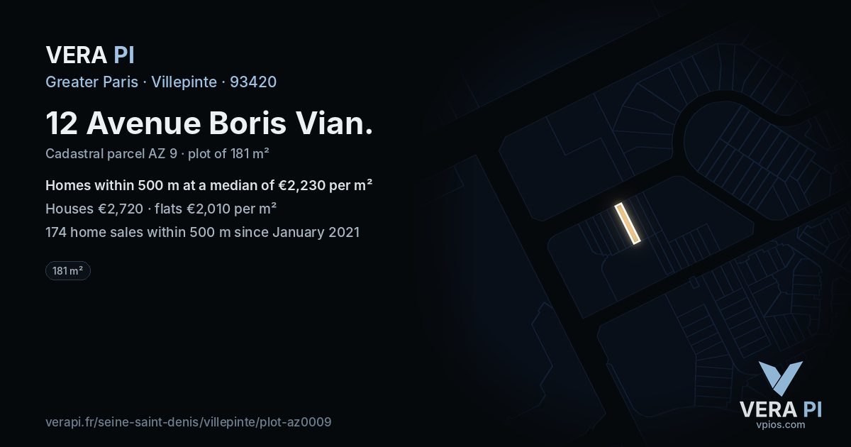 12 Avenue Boris Vian, Villepinte at night – the plot lit, the parcels around coloured by the prices near them
