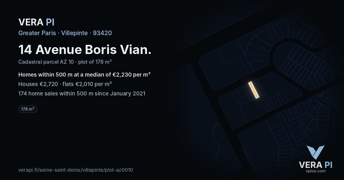14 Avenue Boris Vian, Villepinte at night – the plot lit, the parcels around coloured by the prices near them