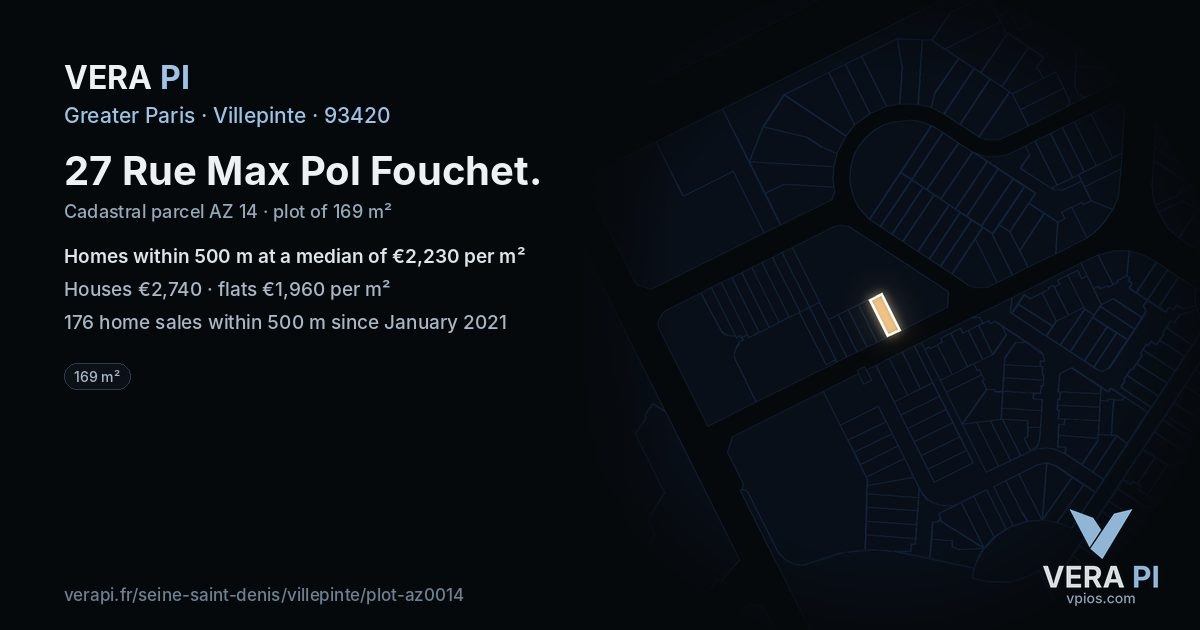 27 Rue Max Pol Fouchet, Villepinte at night – the plot lit, the parcels around coloured by the prices near them