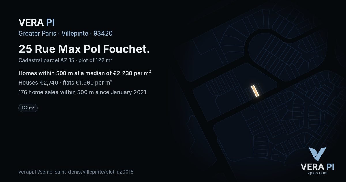 25 Rue Max Pol Fouchet, Villepinte at night – the plot lit, the parcels around coloured by the prices near them
