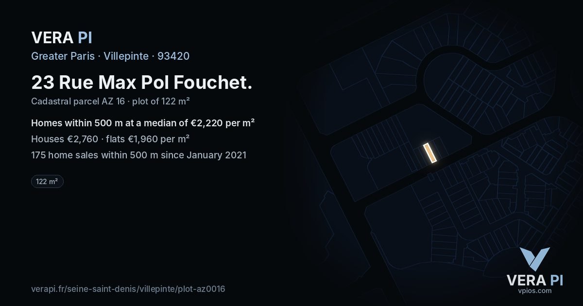 23 Rue Max Pol Fouchet, Villepinte at night – the plot lit, the parcels around coloured by the prices near them