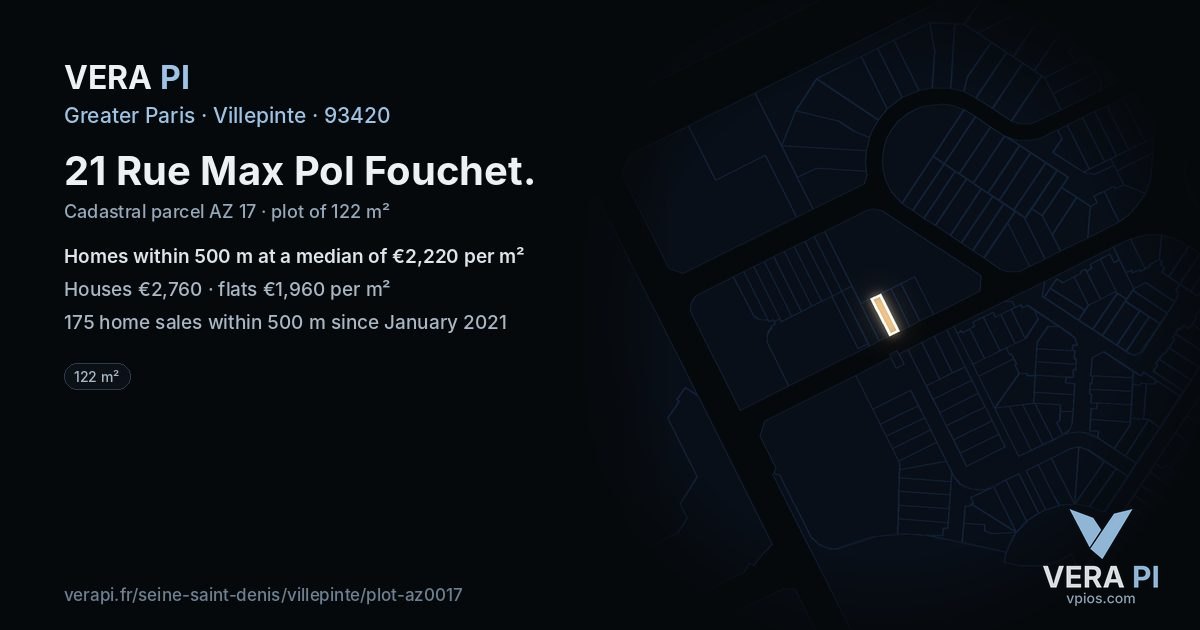 21 Rue Max Pol Fouchet, Villepinte at night – the plot lit, the parcels around coloured by the prices near them