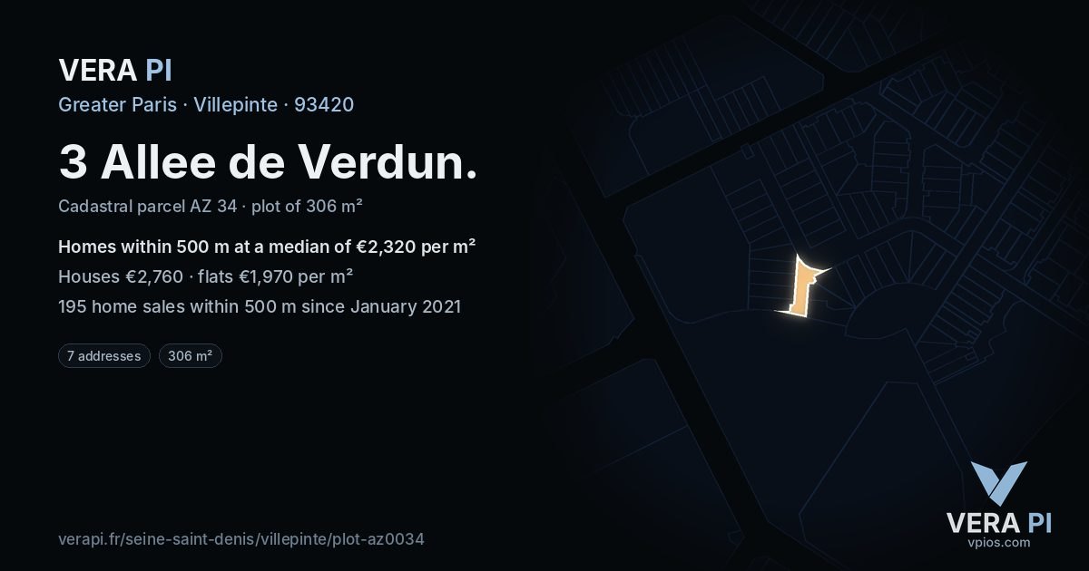 3 Allee de Verdun, Villepinte at night – the plot lit, the parcels around coloured by the prices near them