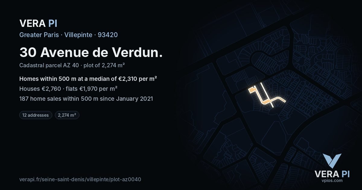 30 Avenue de Verdun, Villepinte at night – the plot lit, the parcels around coloured by the prices near them