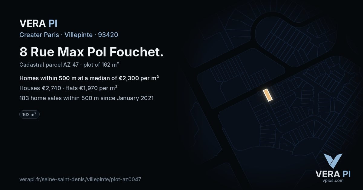 8 Rue Max Pol Fouchet, Villepinte at night – the plot lit, the parcels around coloured by the prices near them