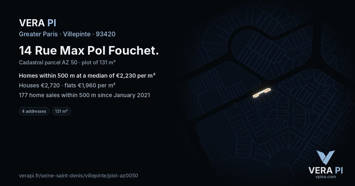 14 Rue Max Pol Fouchet, Villepinte at night – the plot lit, the parcels around coloured by the prices near them