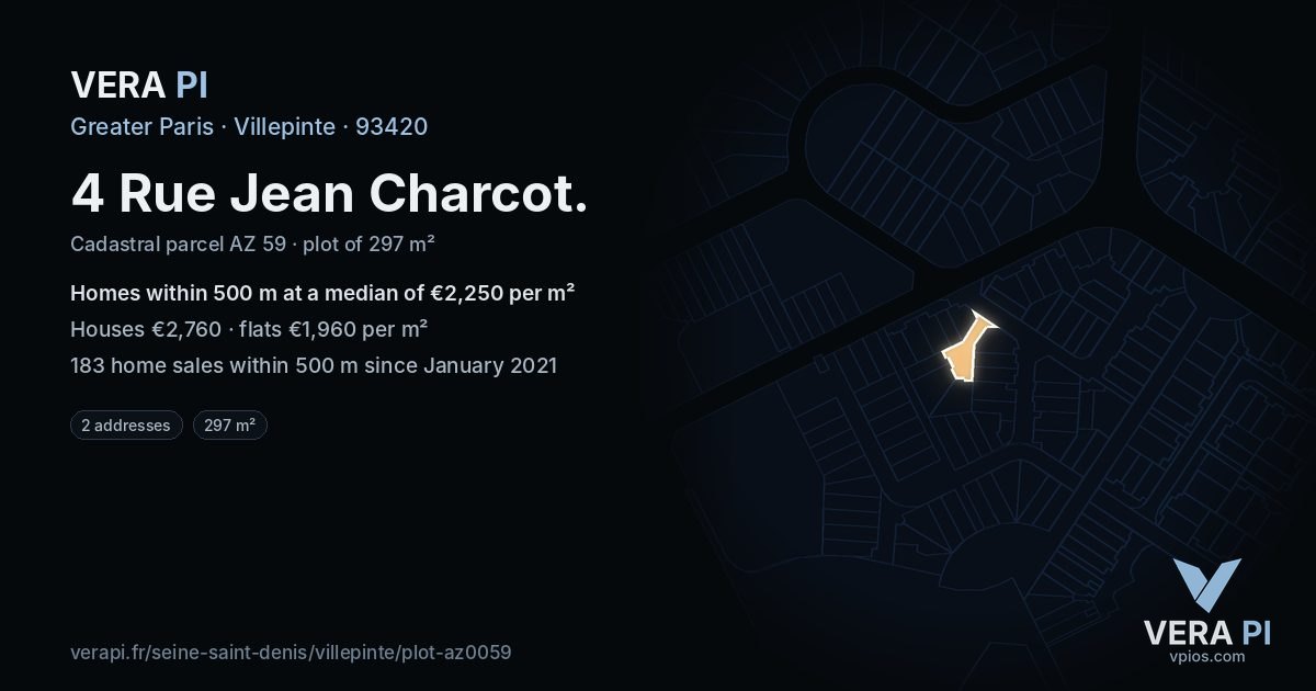 4 Rue Jean Charcot, Villepinte at night – the plot lit, the parcels around coloured by the prices near them