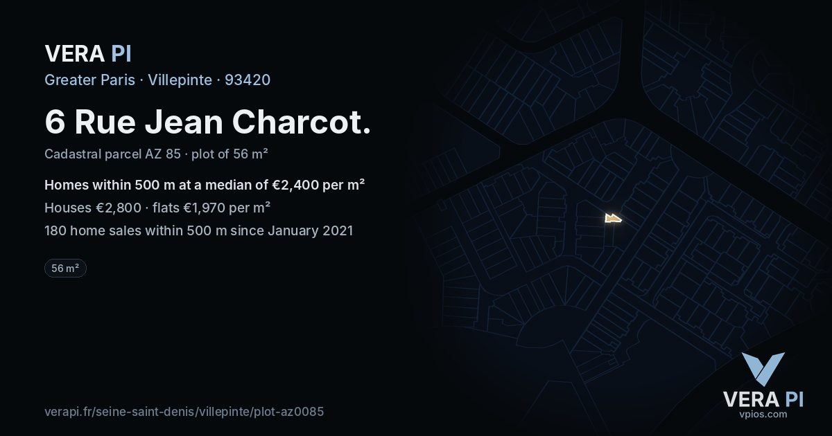 6 Rue Jean Charcot, Villepinte at night – the plot lit, the parcels around coloured by the prices near them
