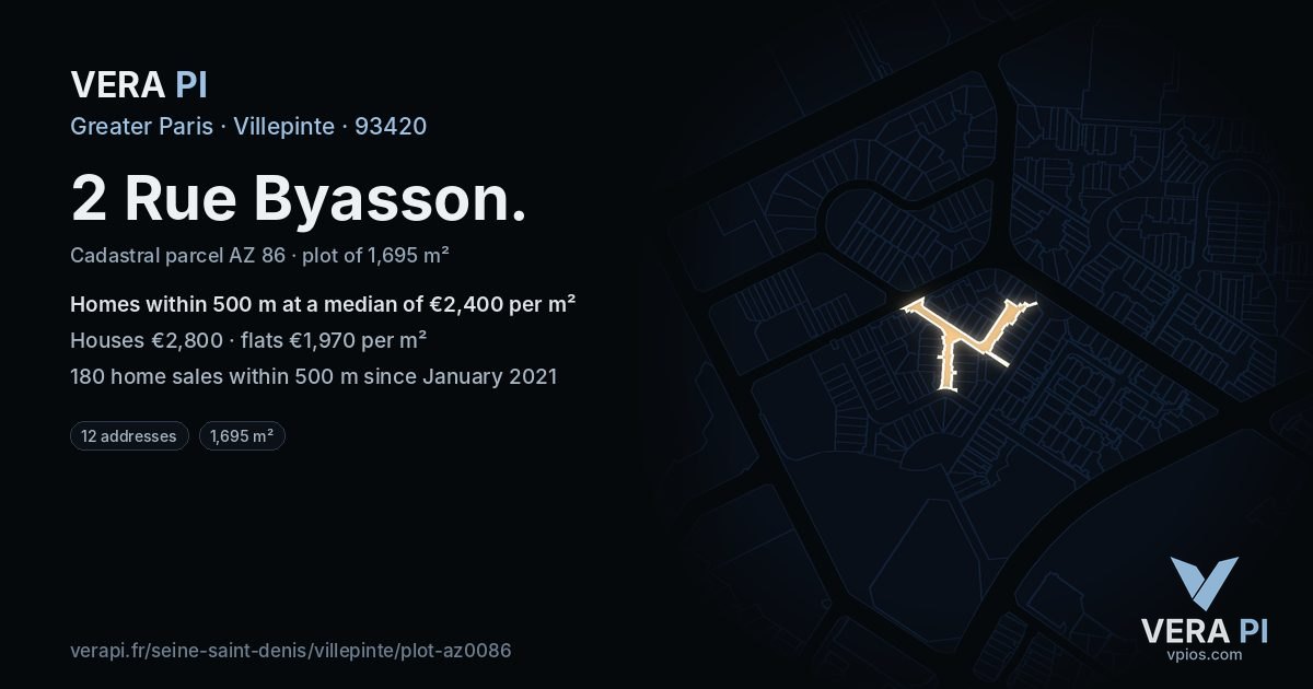 2 Rue Byasson, Villepinte at night – the plot lit, the parcels around coloured by the prices near them