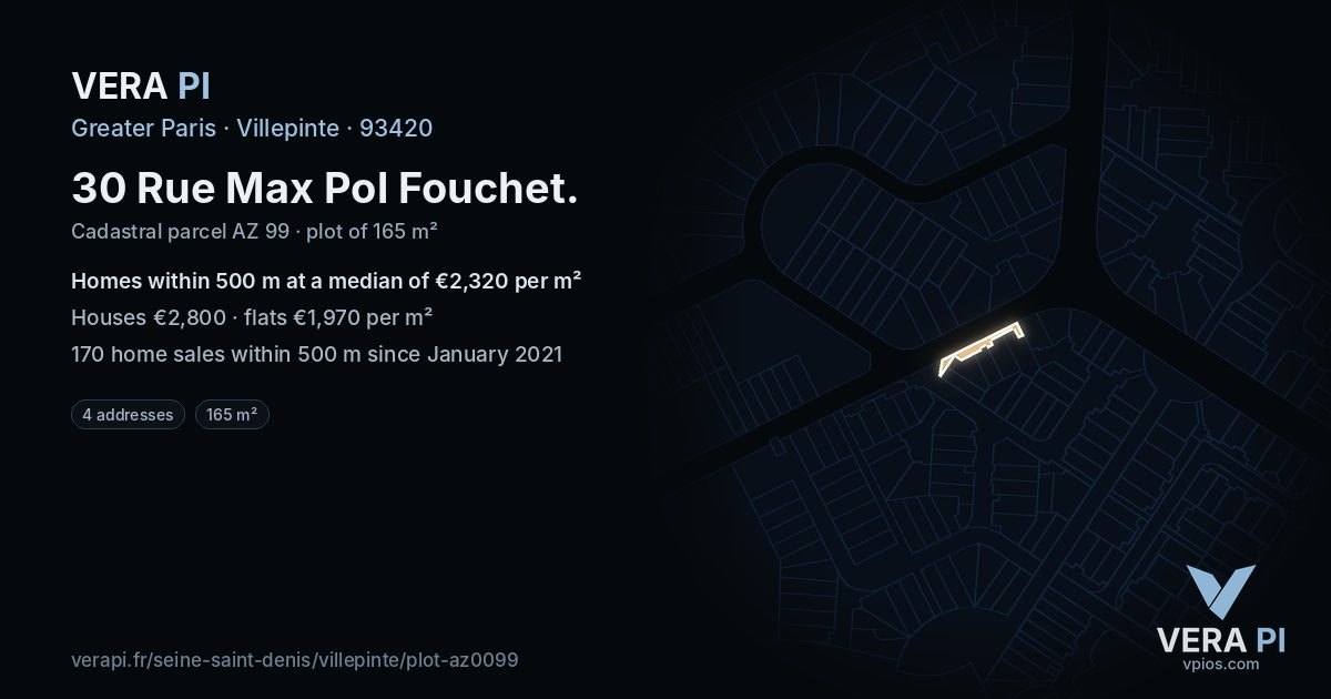 30 Rue Max Pol Fouchet, Villepinte at night – the plot lit, the parcels around coloured by the prices near them