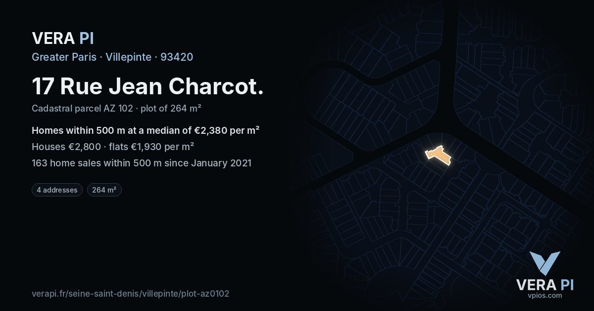 17 Rue Jean Charcot, Villepinte at night – the plot lit, the parcels around coloured by the prices near them