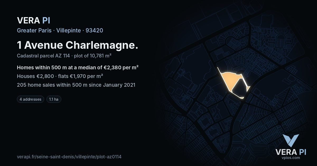 1 Avenue Charlemagne, Villepinte at night – the plot lit, the parcels around coloured by the prices near them