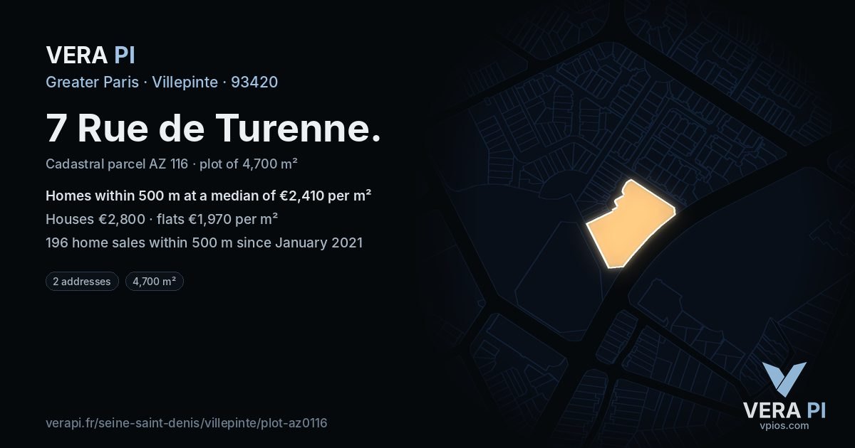 7 Rue de Turenne, Villepinte at night – the plot lit, the parcels around coloured by the prices near them