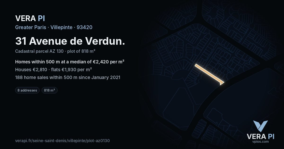 31 Avenue de Verdun, Villepinte at night – the plot lit, the parcels around coloured by the prices near them