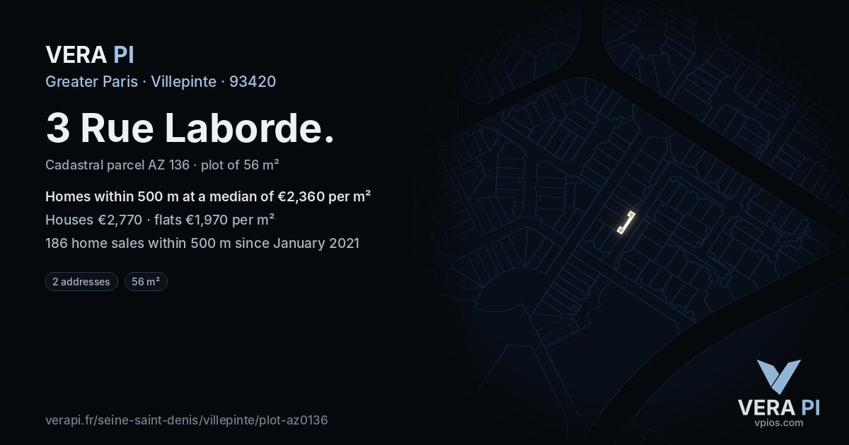 3 Rue Laborde, Villepinte at night – the plot lit, the parcels around coloured by the prices near them