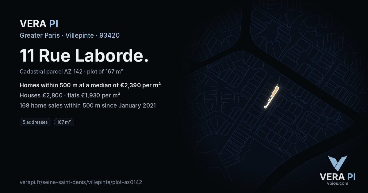 11 Rue Laborde, Villepinte at night – the plot lit, the parcels around coloured by the prices near them
