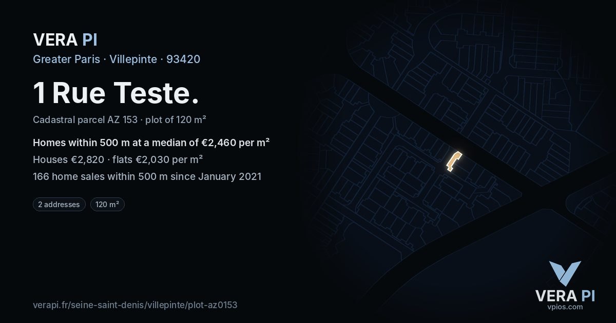 1 Rue Teste, Villepinte at night – the plot lit, the parcels around coloured by the prices near them