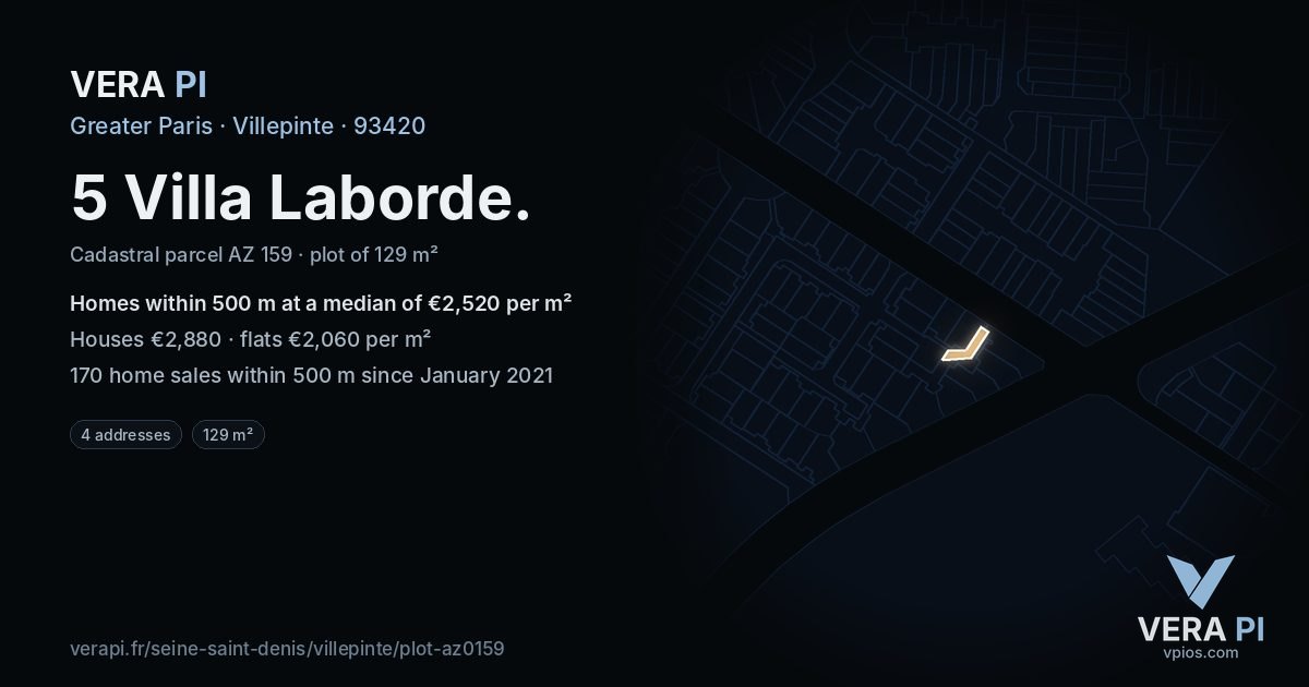 5 Villa Laborde, Villepinte at night – the plot lit, the parcels around coloured by the prices near them