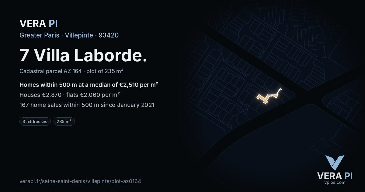 7 Villa Laborde, Villepinte at night – the plot lit, the parcels around coloured by the prices near them