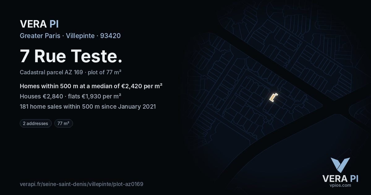 7 Rue Teste, Villepinte at night – the plot lit, the parcels around coloured by the prices near them