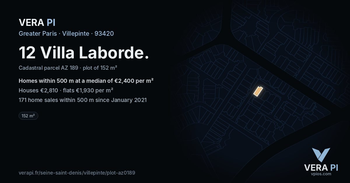 12 Villa Laborde, Villepinte at night – the plot lit, the parcels around coloured by the prices near them