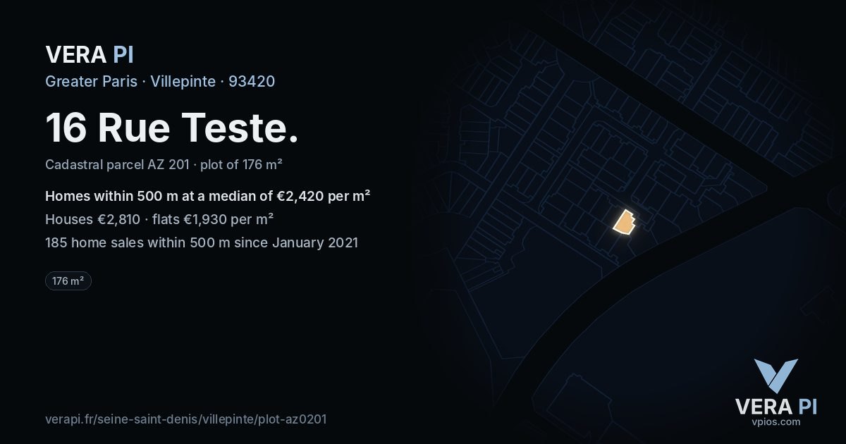 16 Rue Teste, Villepinte at night – the plot lit, the parcels around coloured by the prices near them