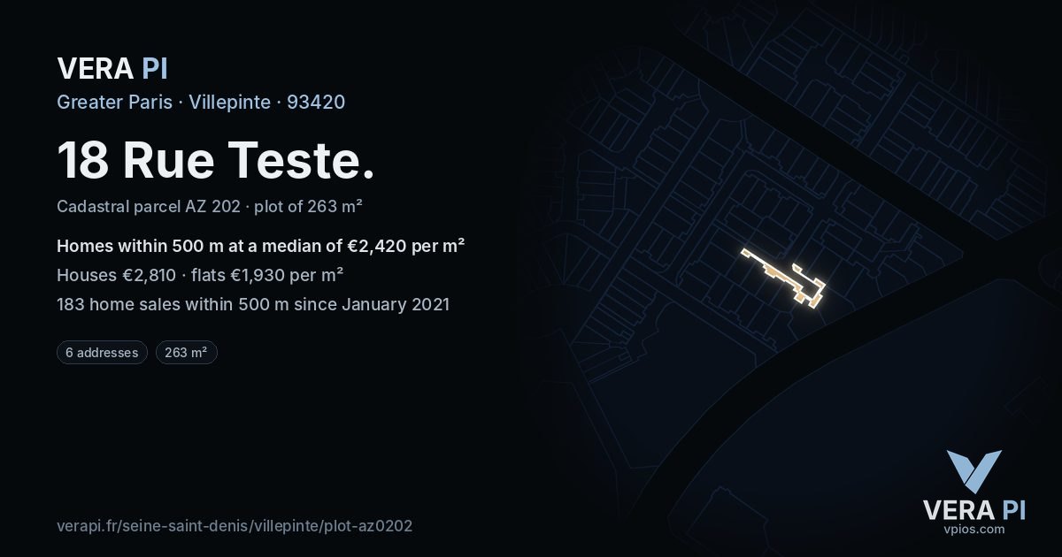 18 Rue Teste, Villepinte at night – the plot lit, the parcels around coloured by the prices near them