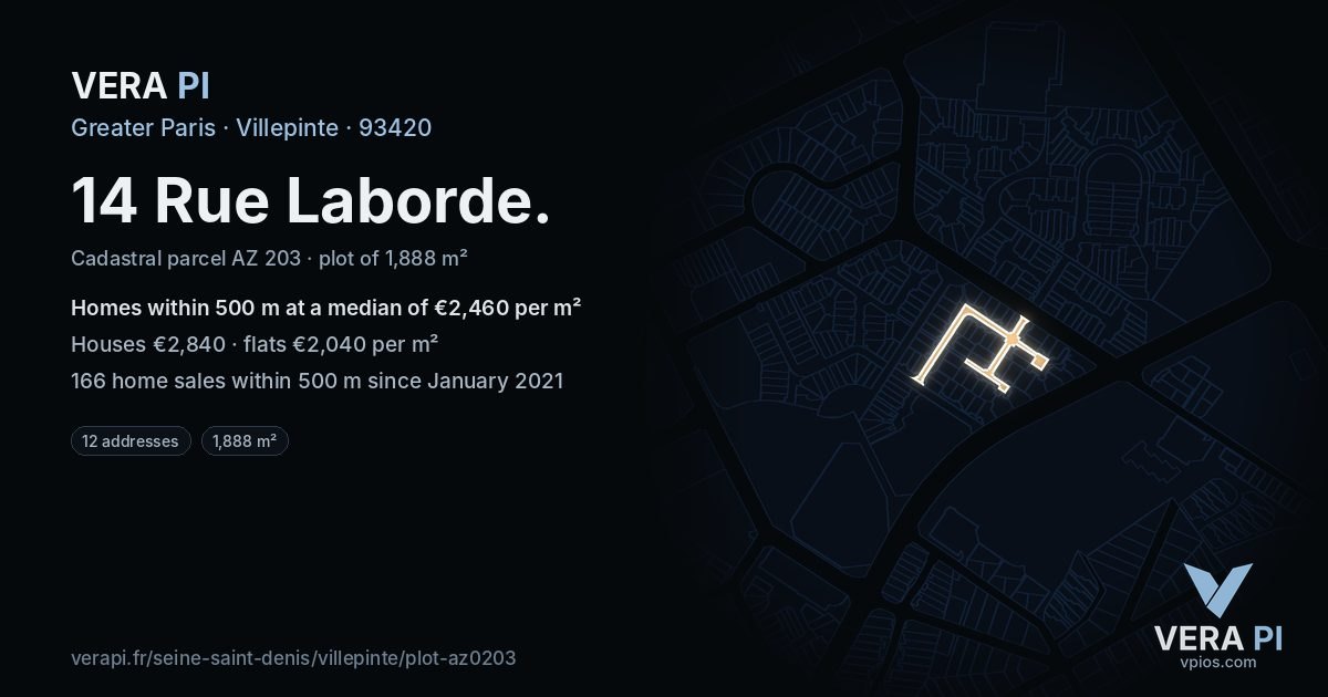 14 Rue Laborde, Villepinte at night – the plot lit, the parcels around coloured by the prices near them